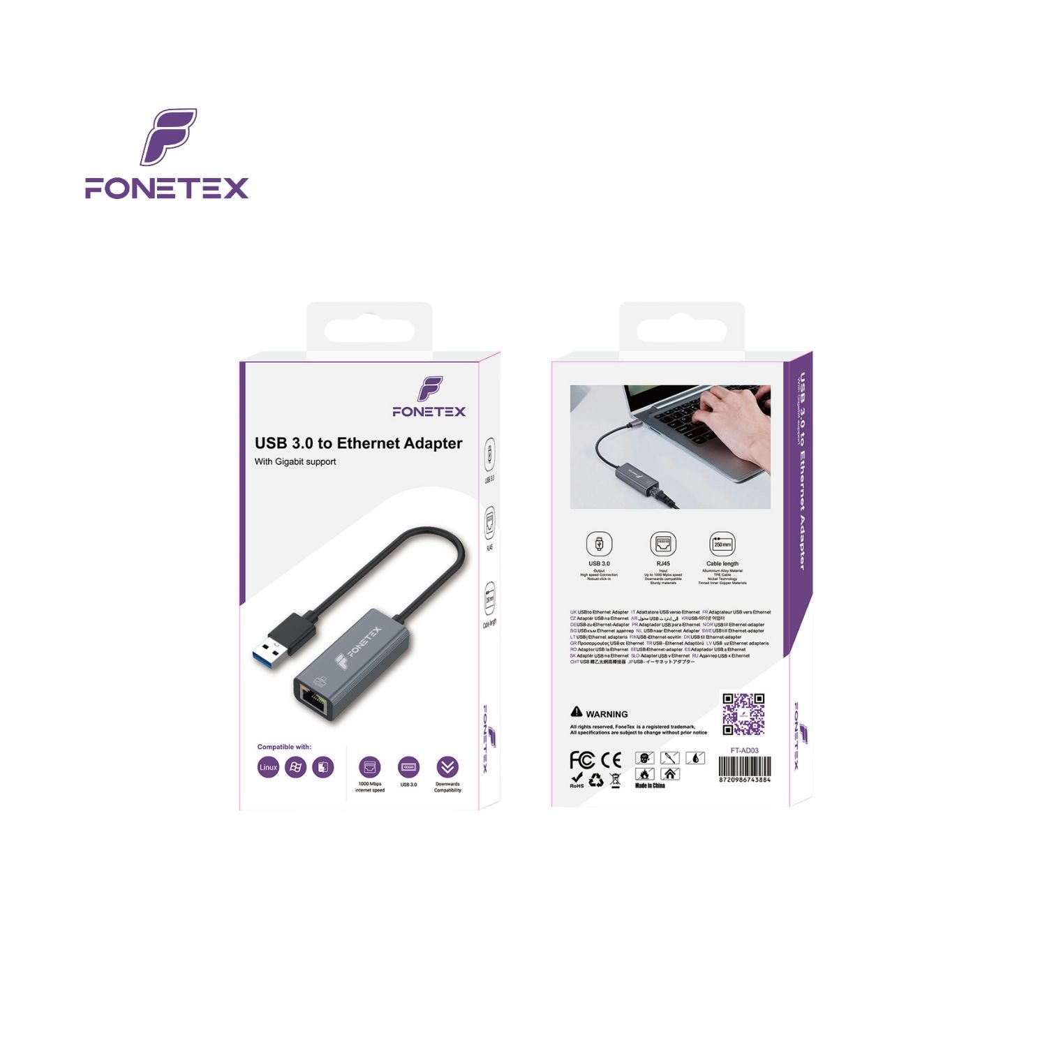 FoneTex USB-A to Ethernet Adapter - FT-AD03 - Afbeelding 2